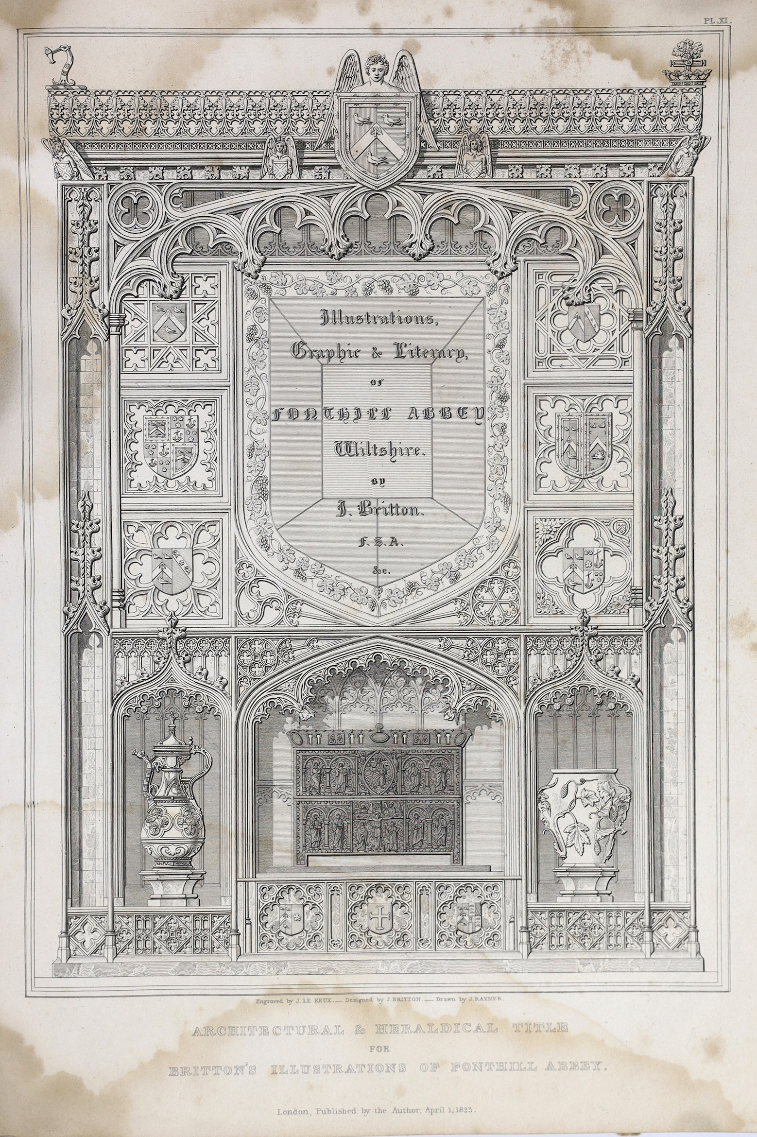 SOMERSET: Britton, John - Graphical and Literary Illustrations of Fonthill Abbey, 4to, half calf, with engraved title and 1 only plates, 2 of the hand-coloured, front fly leaf, frontis and title stained, London, 1823, bo